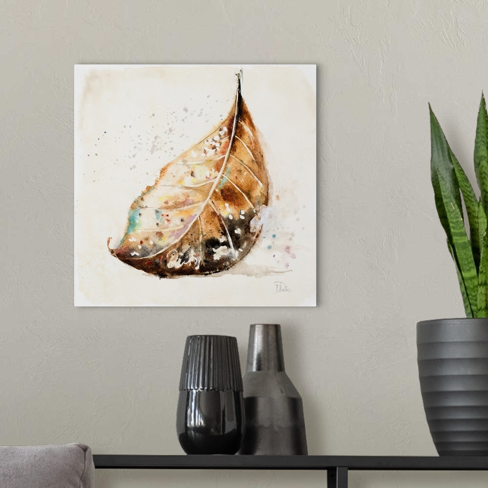 A modern room featuring Square painting of a fallen autumn leaf, in brown shades on a neutral background.