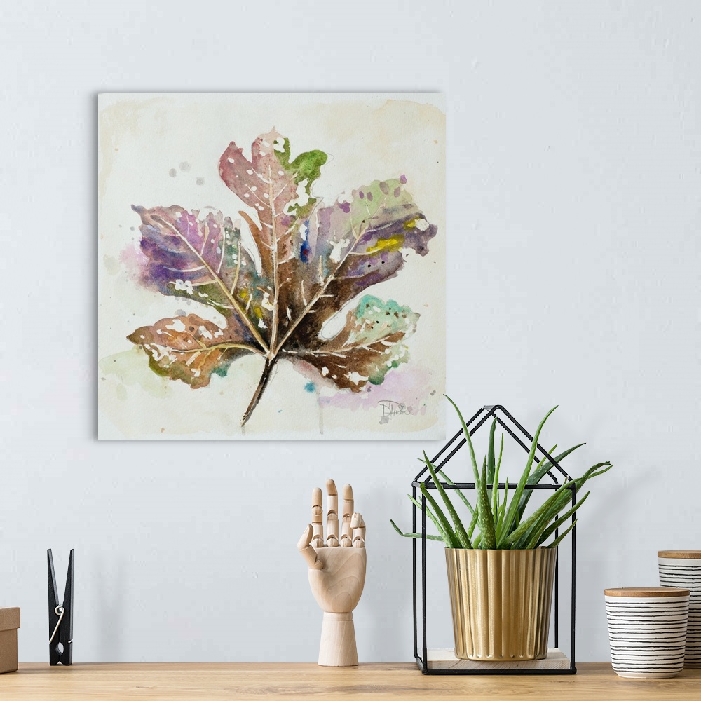 A bohemian room featuring Square painting of a fallen autumn leaf, in brown shades on a neutral background.