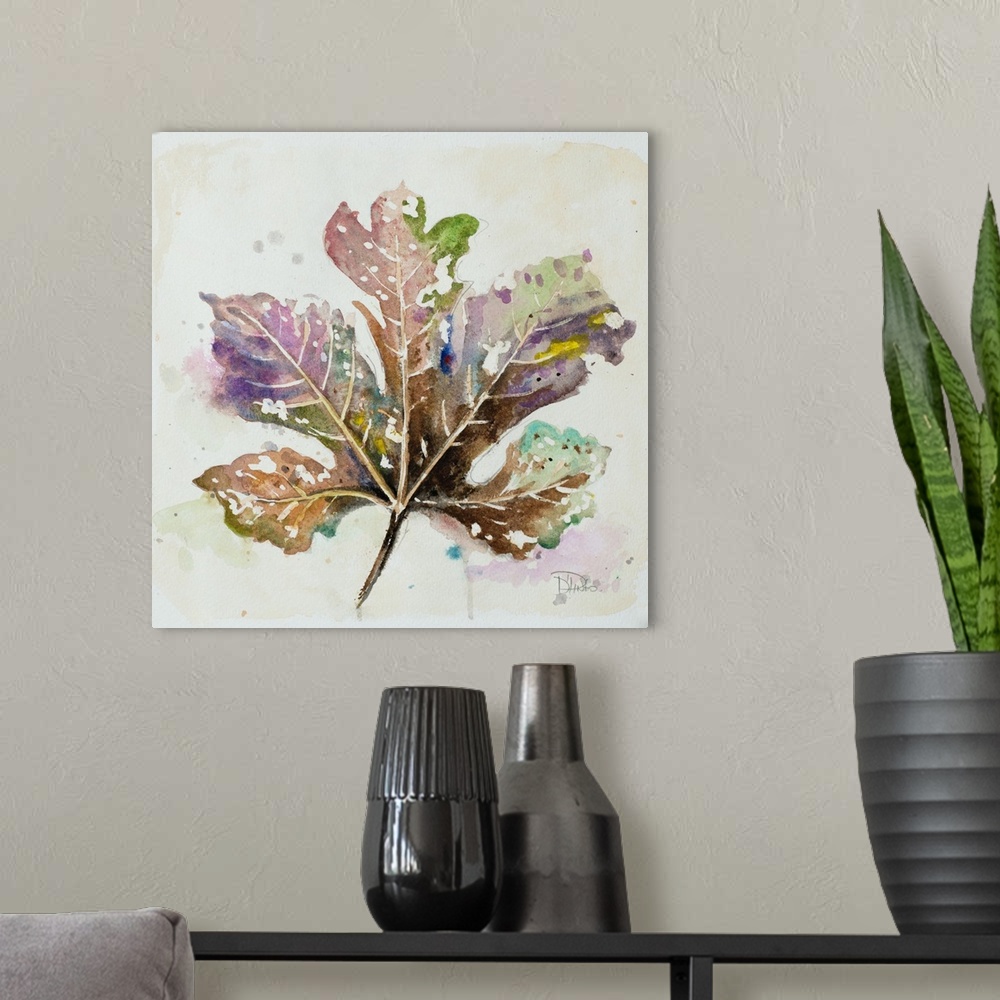 A modern room featuring Square painting of a fallen autumn leaf, in brown shades on a neutral background.