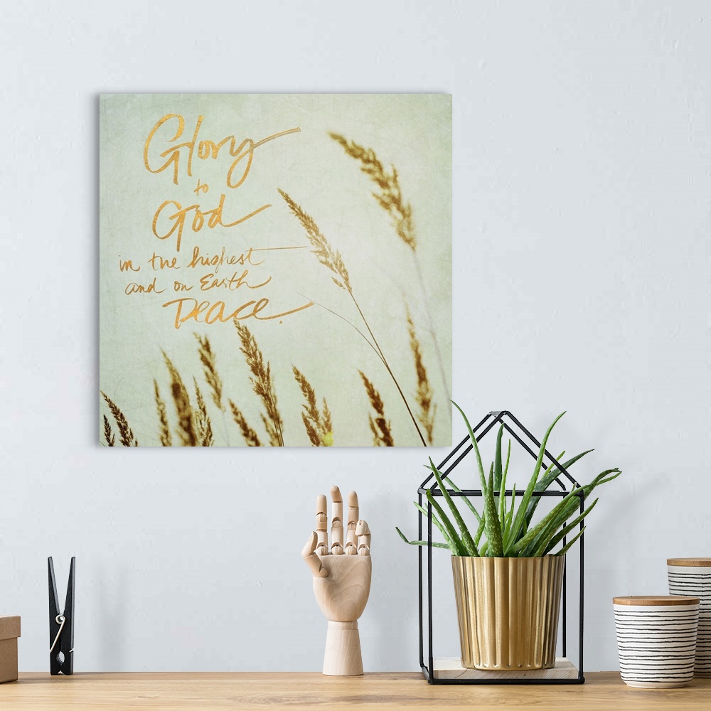 A bohemian room featuring Square photograph of the tips of beach grass swaying in the wind with the quote "Glory to God in ...