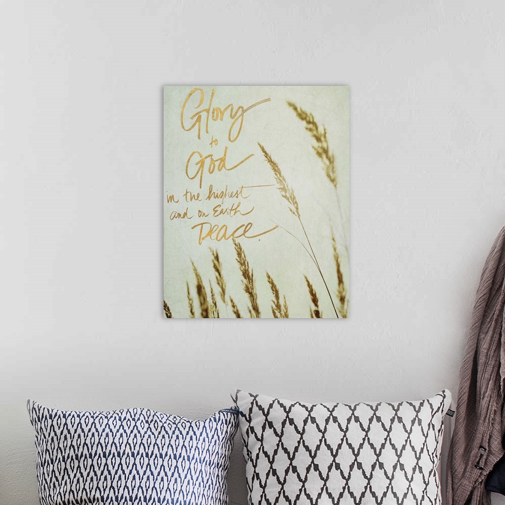 A bohemian room featuring Photograph of the tips of beach grass swaying in the wind with the quote "Glory to God in the hig...