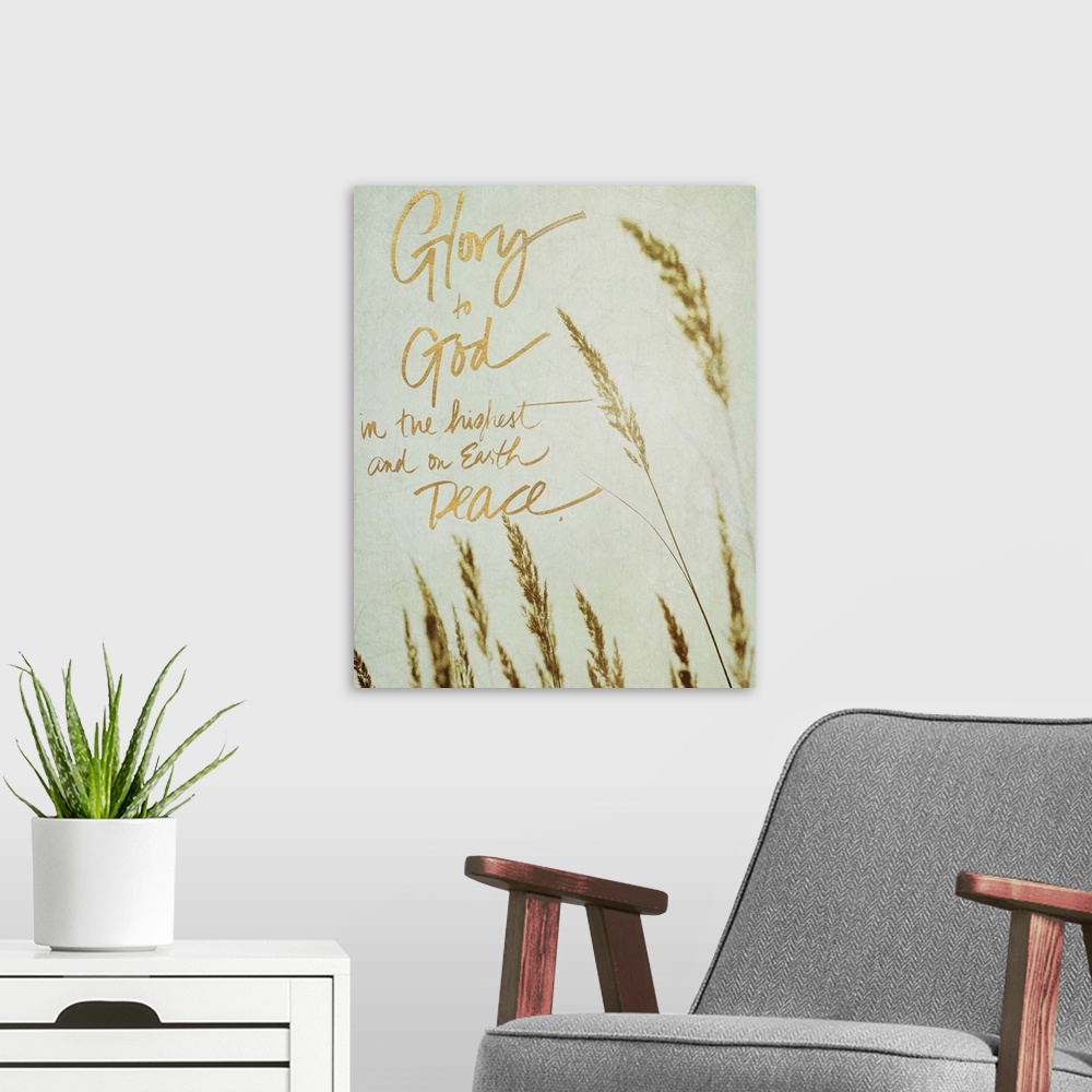 A modern room featuring Photograph of the tips of beach grass swaying in the wind with the quote "Glory to God in the hig...