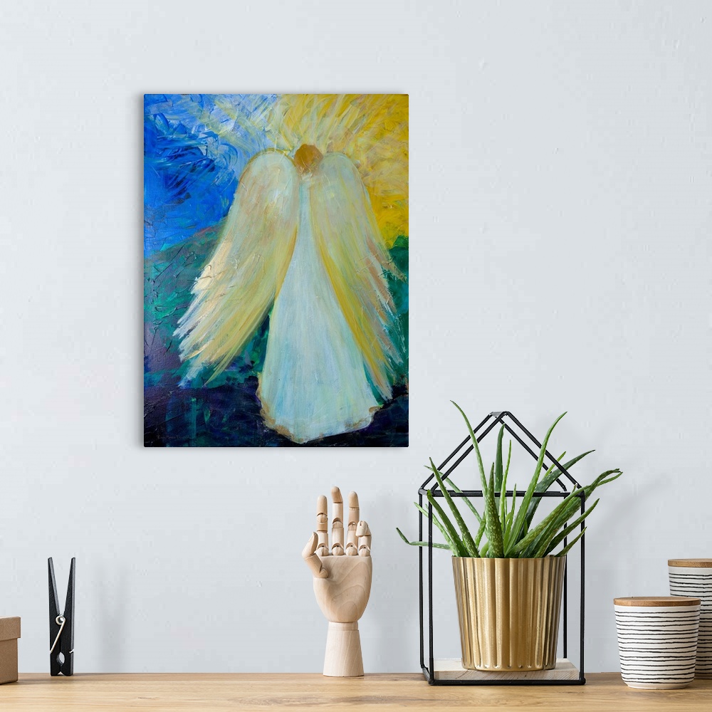 A bohemian room featuring A contemporary painting of an Angel facing the other way wearing a white gown and golden wings.