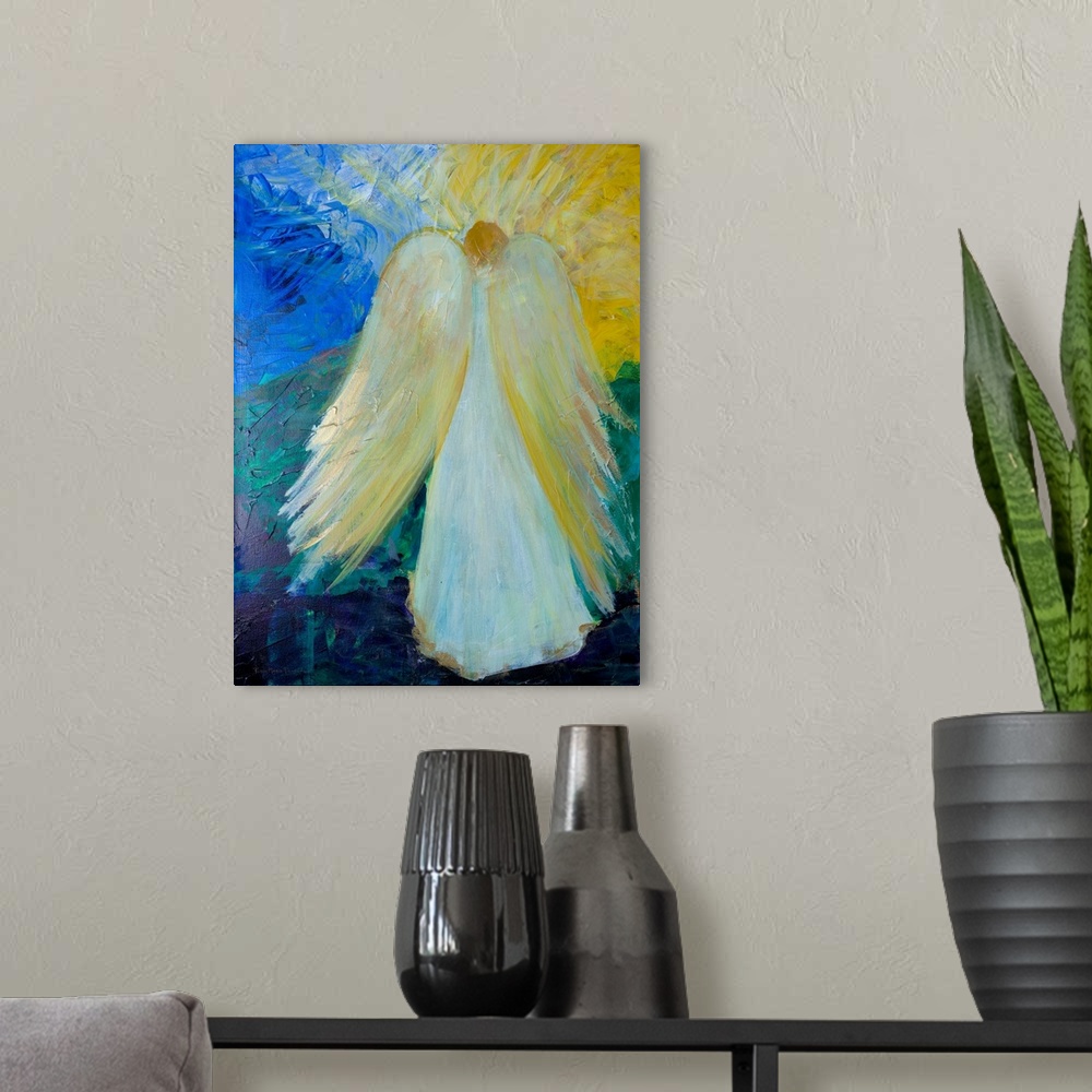 A modern room featuring A contemporary painting of an Angel facing the other way wearing a white gown and golden wings.