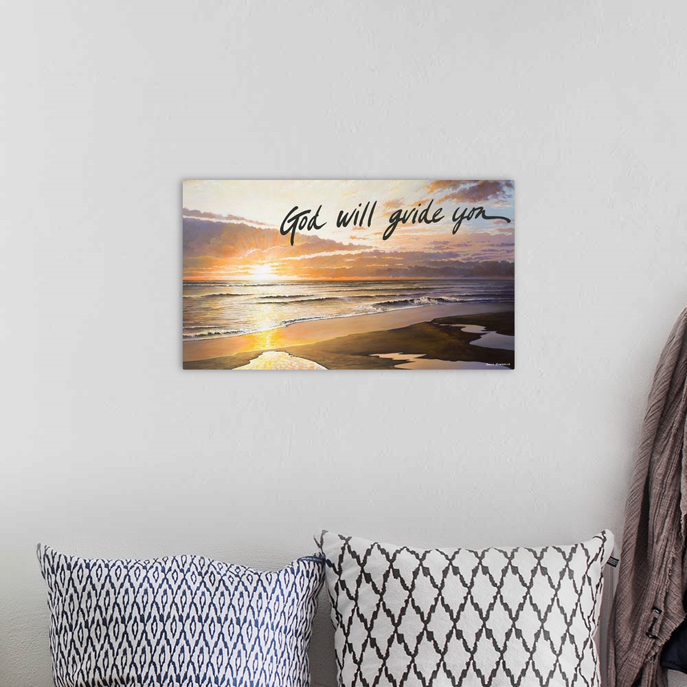 A bohemian room featuring Painting of a beach with the sun setting on the waves, with a religious sentiment.