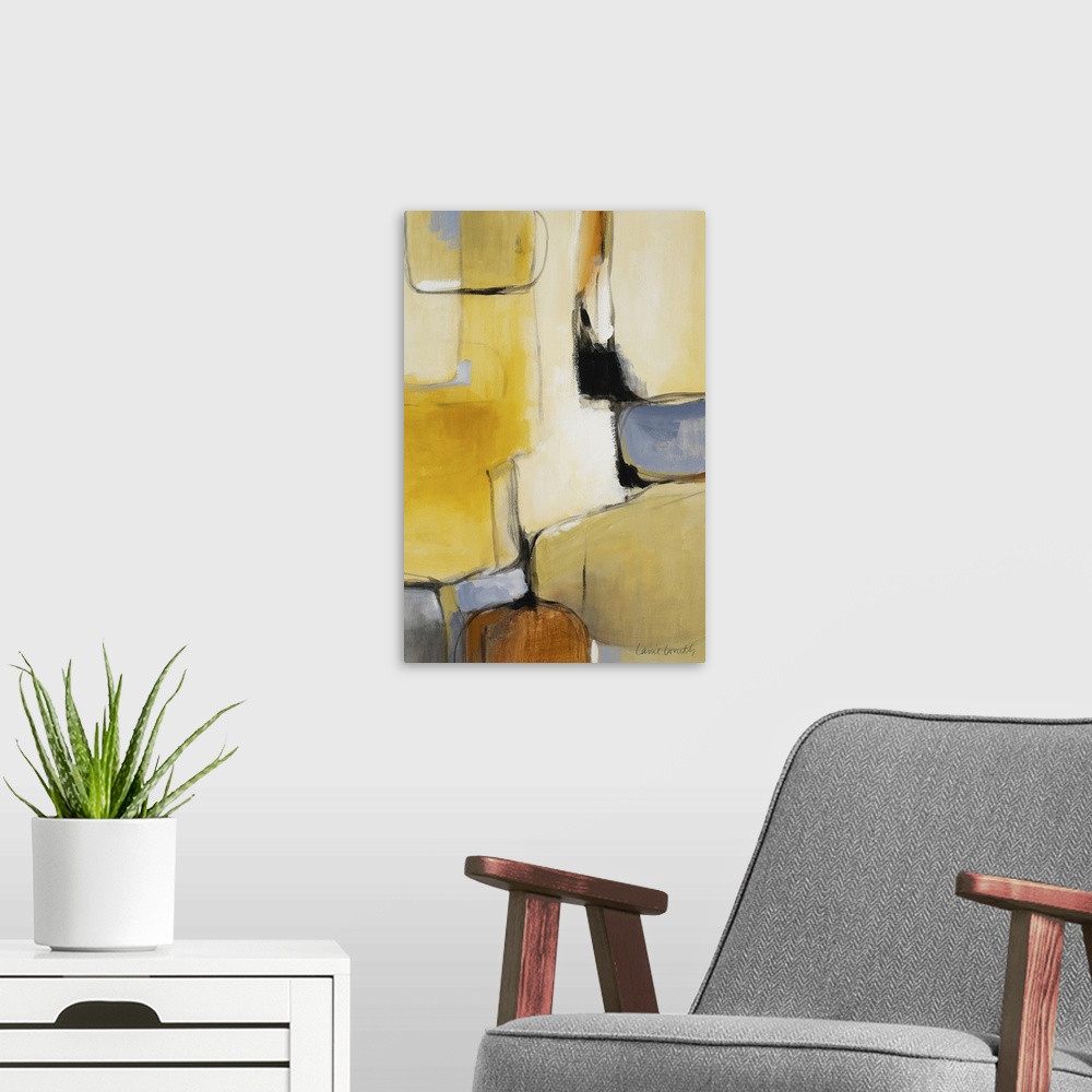 A modern room featuring Abstract artwork that consists of different shaped blocks of colors scattered about this large ve...
