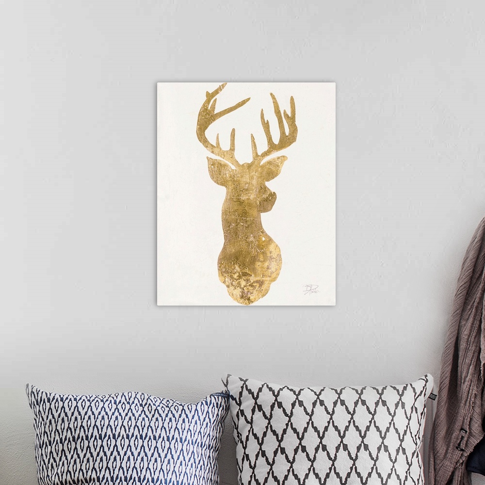 A bohemian room featuring Silhouette of a deer in metallic gold on a white background.