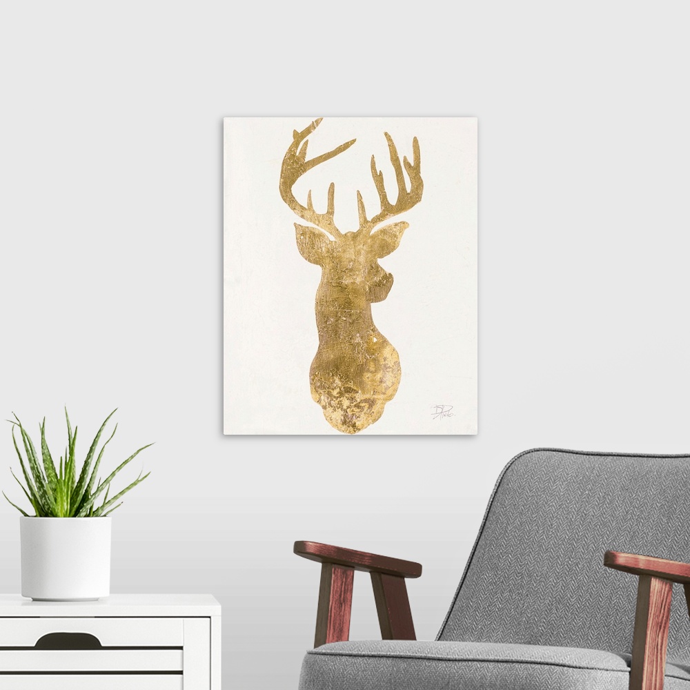 A modern room featuring Silhouette of a deer in metallic gold on a white background.