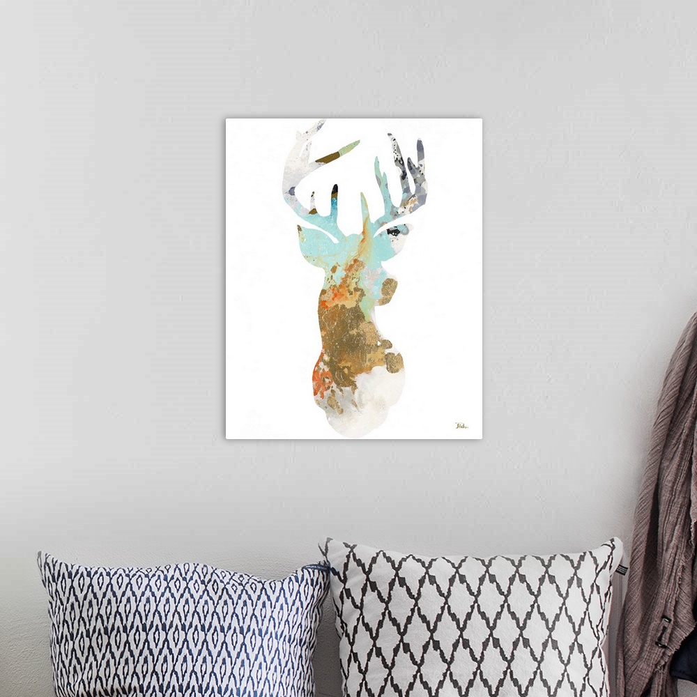 A bohemian room featuring Colorful, abstract silhouette of a deer on a white background.