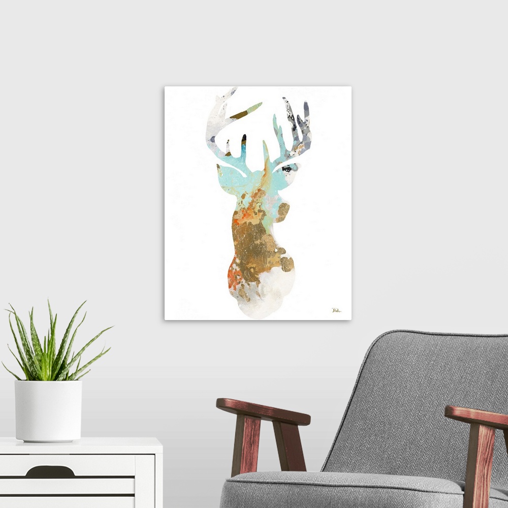 A modern room featuring Colorful, abstract silhouette of a deer on a white background.
