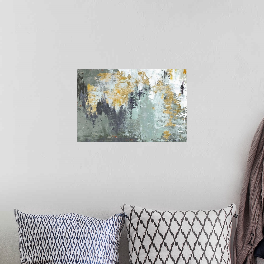 A bohemian room featuring Abstract painting with slate blue, shades of gray, white, and metallic gold hues.