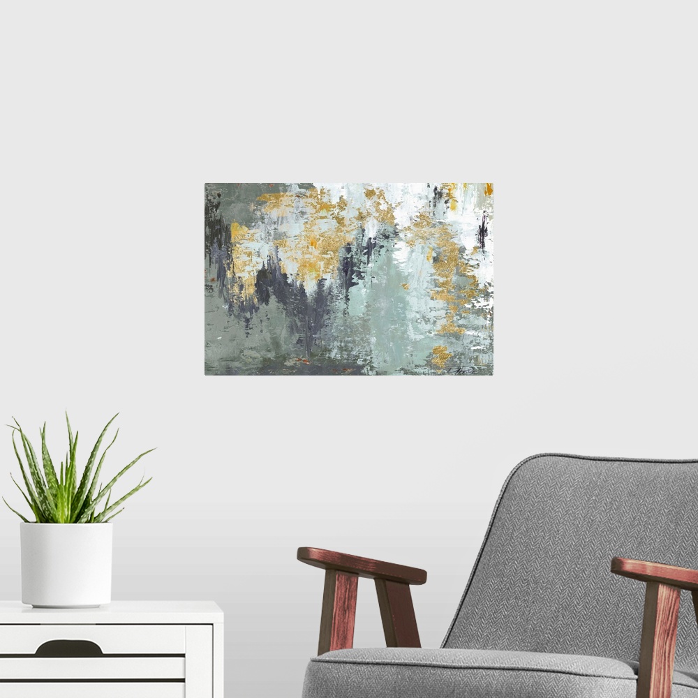 A modern room featuring Abstract painting with slate blue, shades of gray, white, and metallic gold hues.