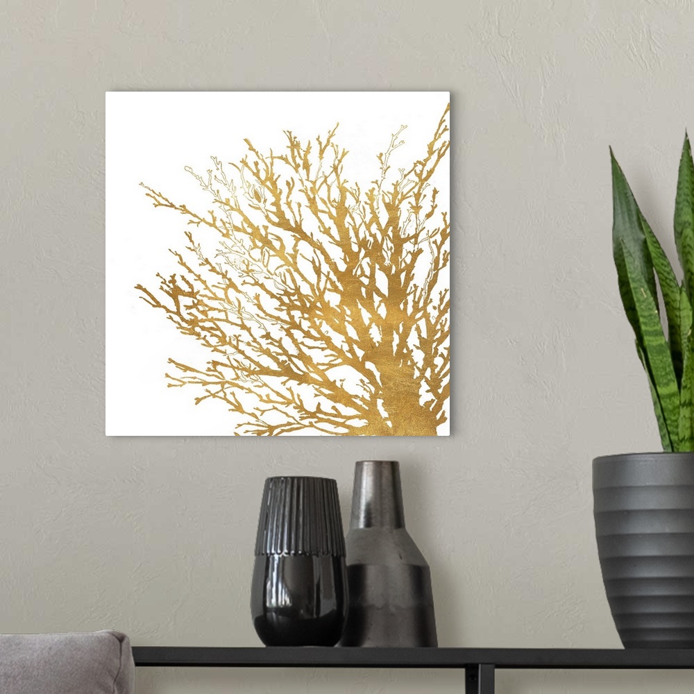 A modern room featuring Decorative artwork of a coral silhouette against a white background.
