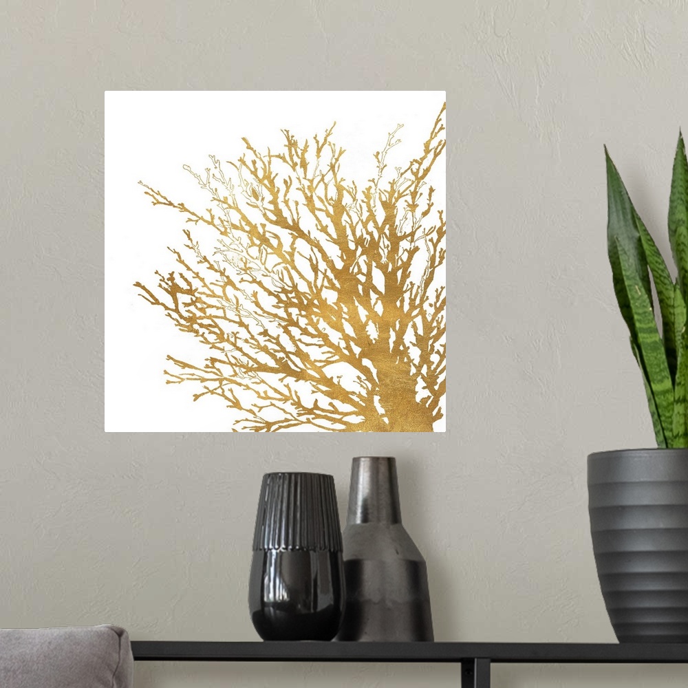 A modern room featuring Decorative artwork of a coral silhouette against a white background.