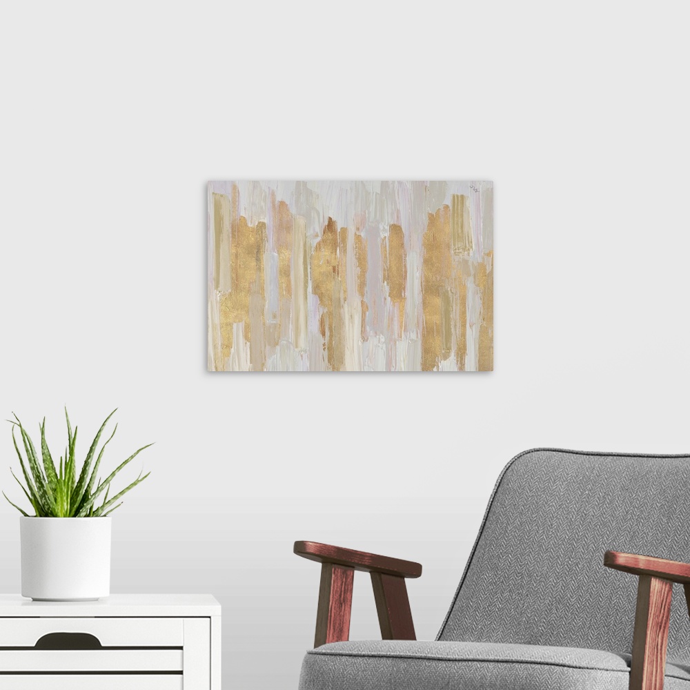 A modern room featuring Contemporary abstract painting in golden shades.