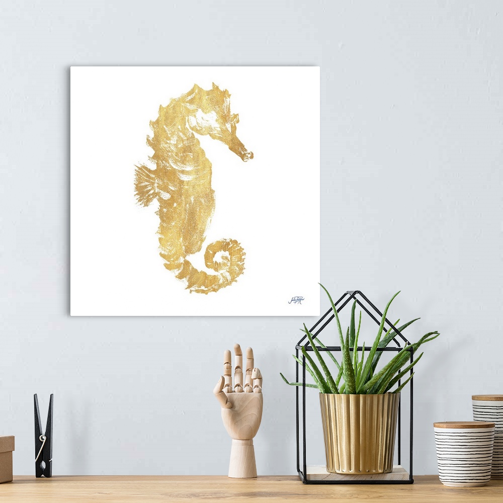A bohemian room featuring Painting of a golden seahorse on white.