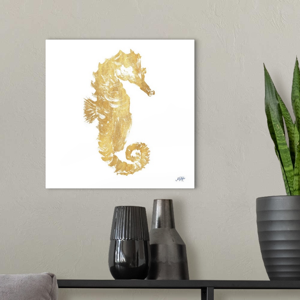 A modern room featuring Painting of a golden seahorse on white.
