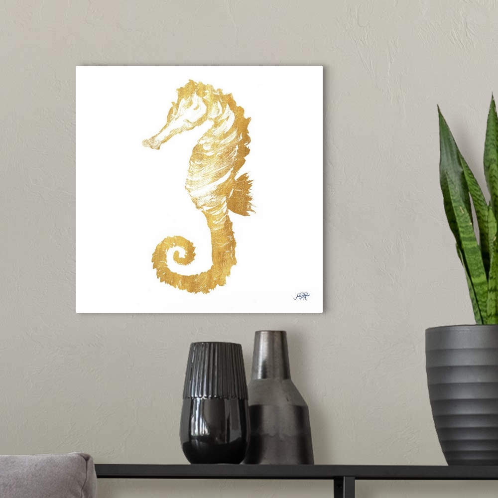 A modern room featuring Painting of a golden seahorse on white.