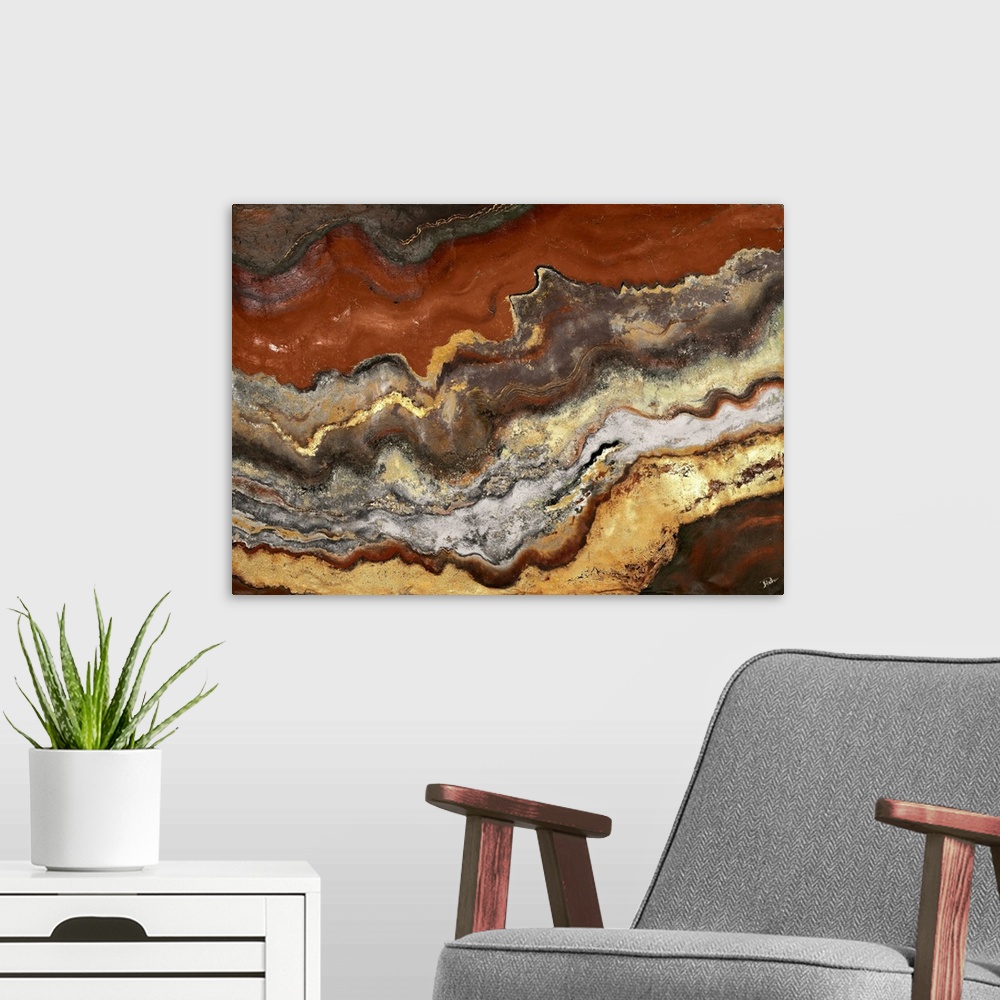 A modern room featuring Contemporary abstract artwork resembling sedimentary rock layers.