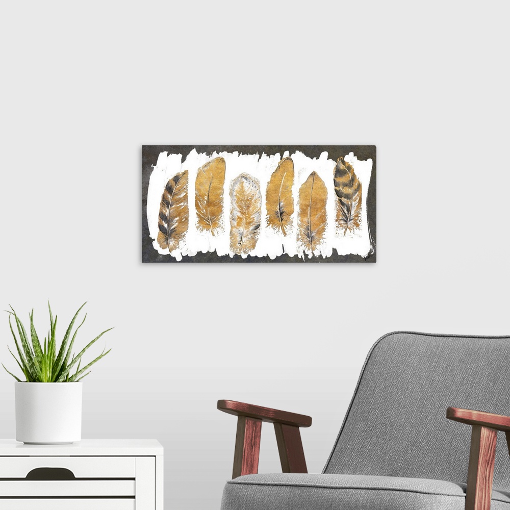 A modern room featuring Gold Watercolor Feathers