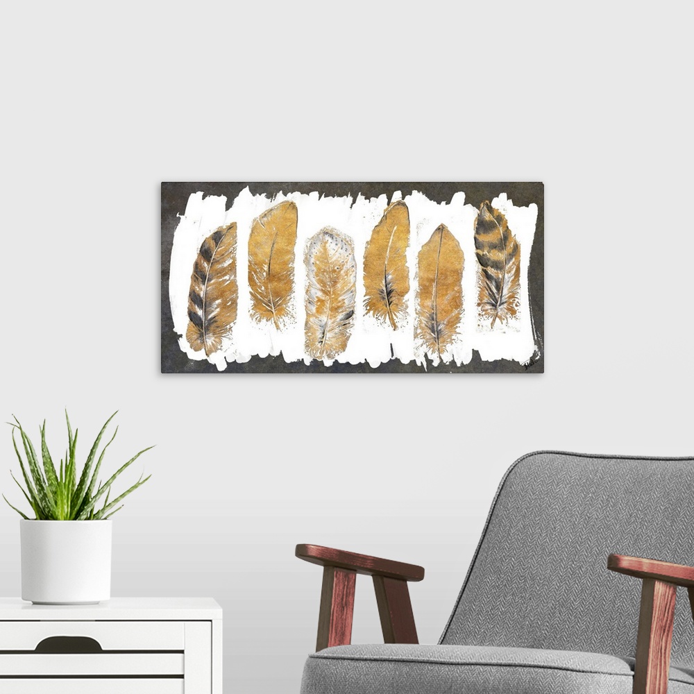 A modern room featuring Gold Watercolor Feathers