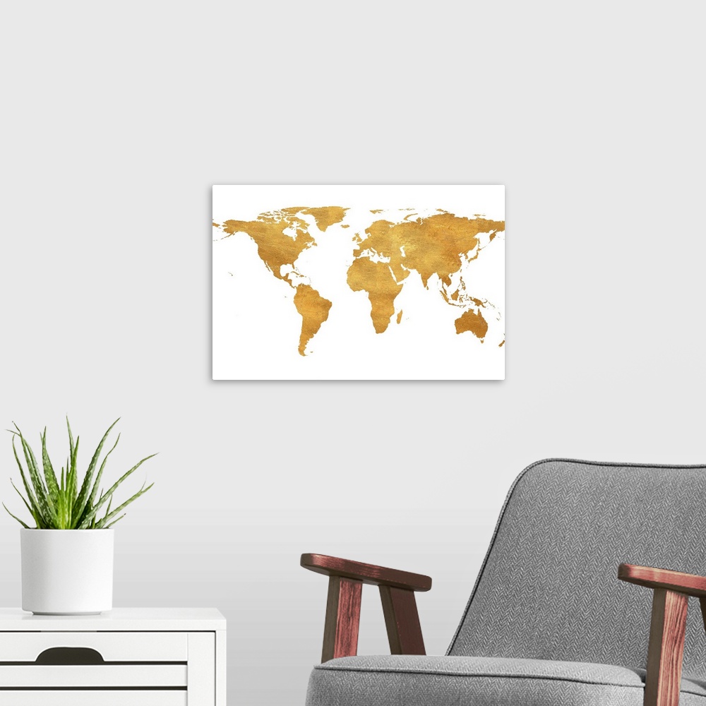 A modern room featuring A shiny gold map of the World on a solid white background.