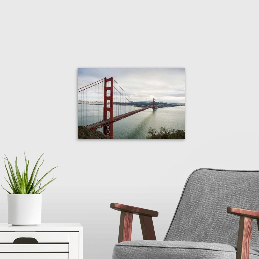 A modern room featuring View of the Golden Gate Bridge over the San Francisco Bay, California.