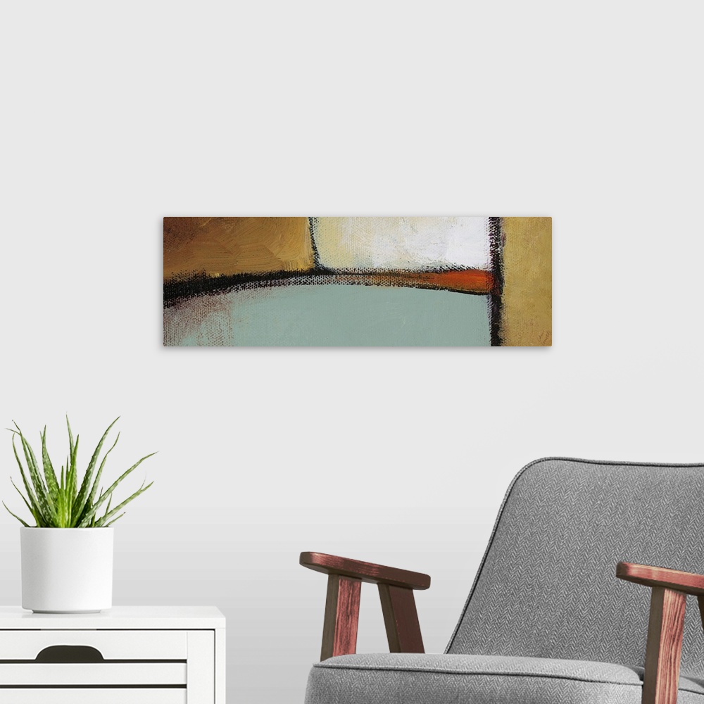 A modern room featuring Horizontal abstract painting in earth tones featuring deliberate brushstrokes and strong black li...