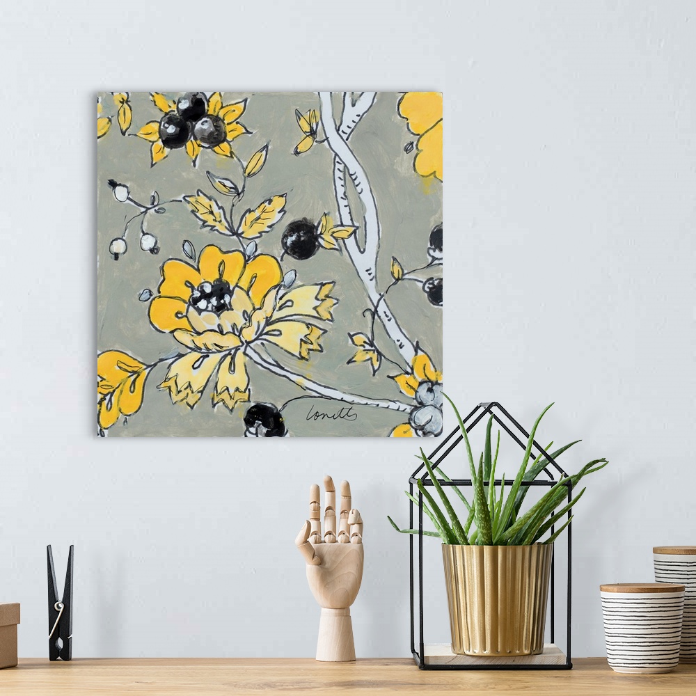 A bohemian room featuring A black, gray, and yellow contemporary floral square painting.