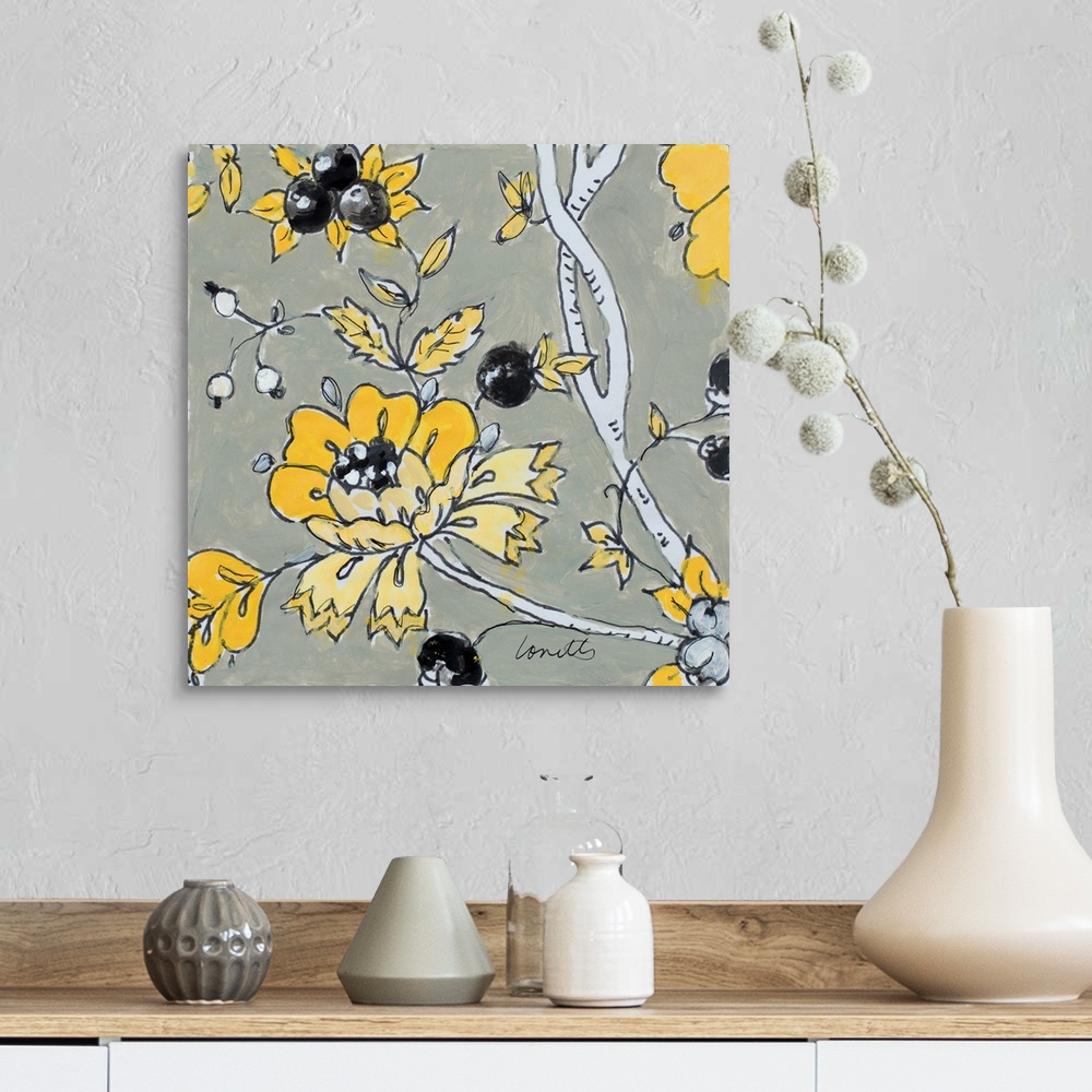 A farmhouse room featuring A black, gray, and yellow contemporary floral square painting.