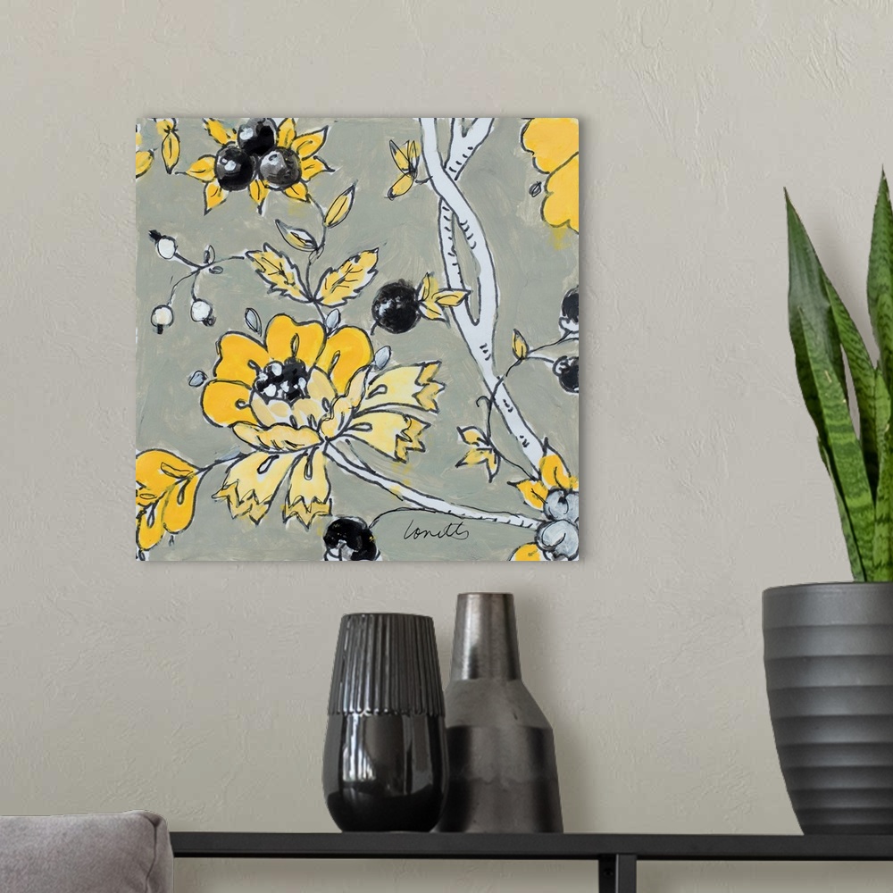 A modern room featuring A black, gray, and yellow contemporary floral square painting.