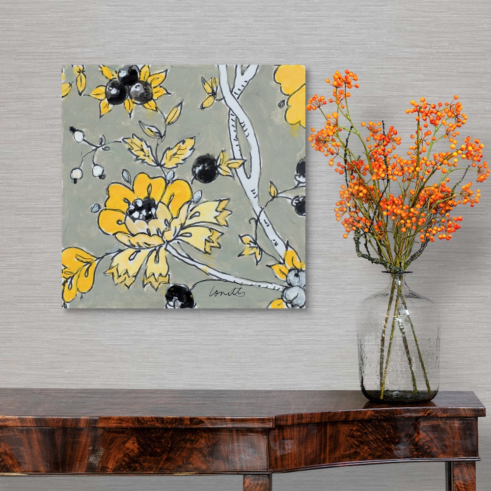 A traditional room featuring A black, gray, and yellow contemporary floral square painting.
