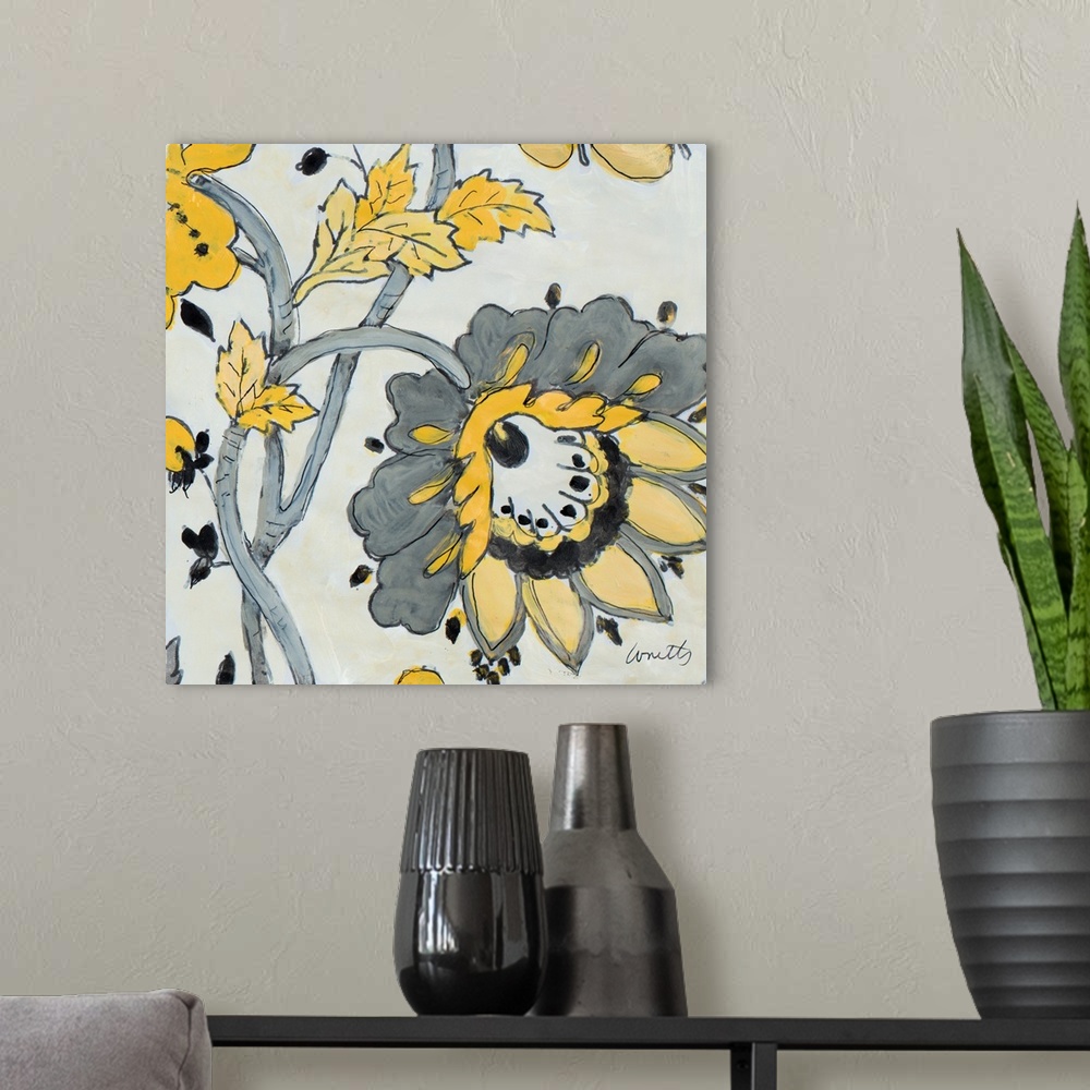 A modern room featuring A black, gray, and yellow contemporary floral square painting.