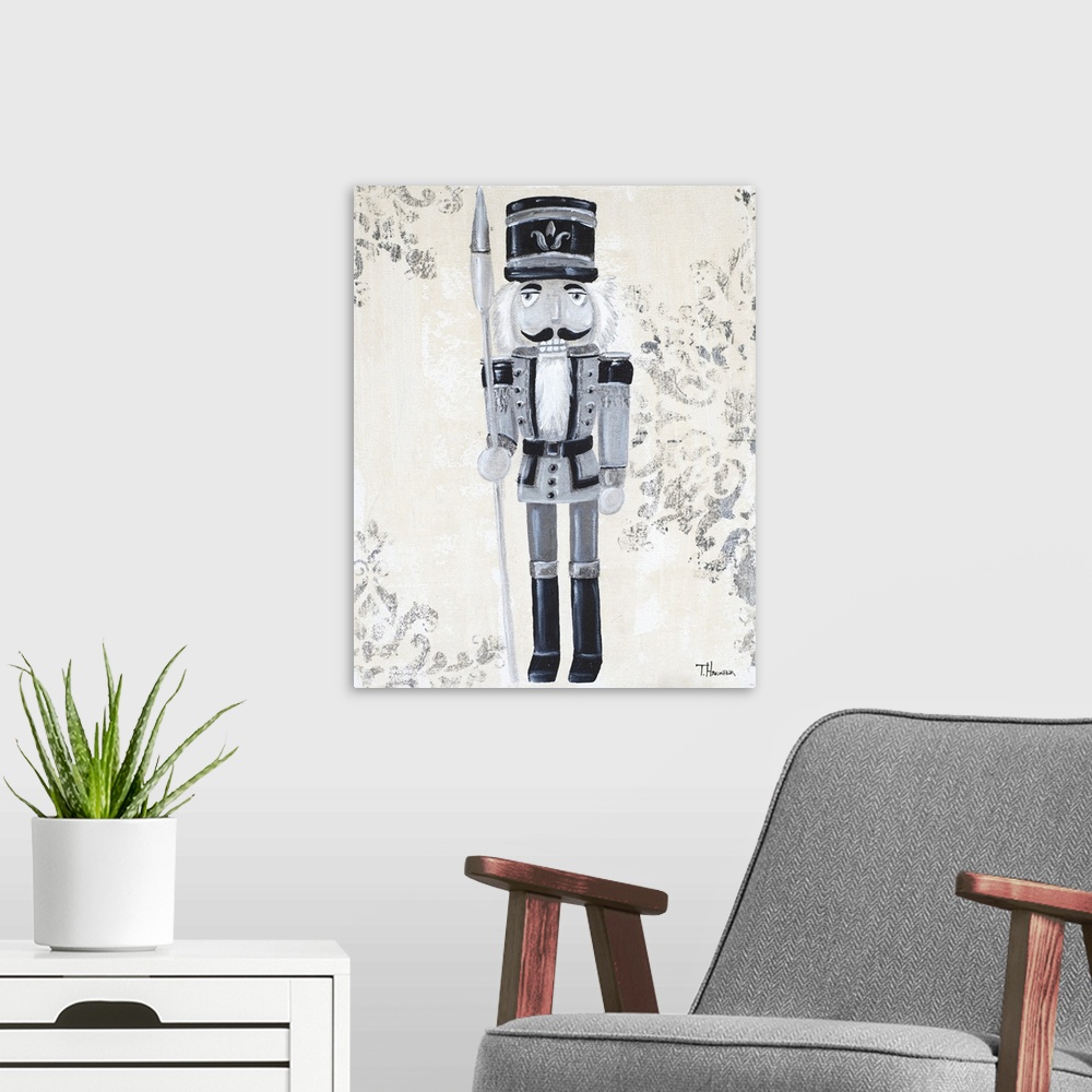 A modern room featuring Black, silver, and gray painting of a nutcracker with a textured neutral colored background with ...