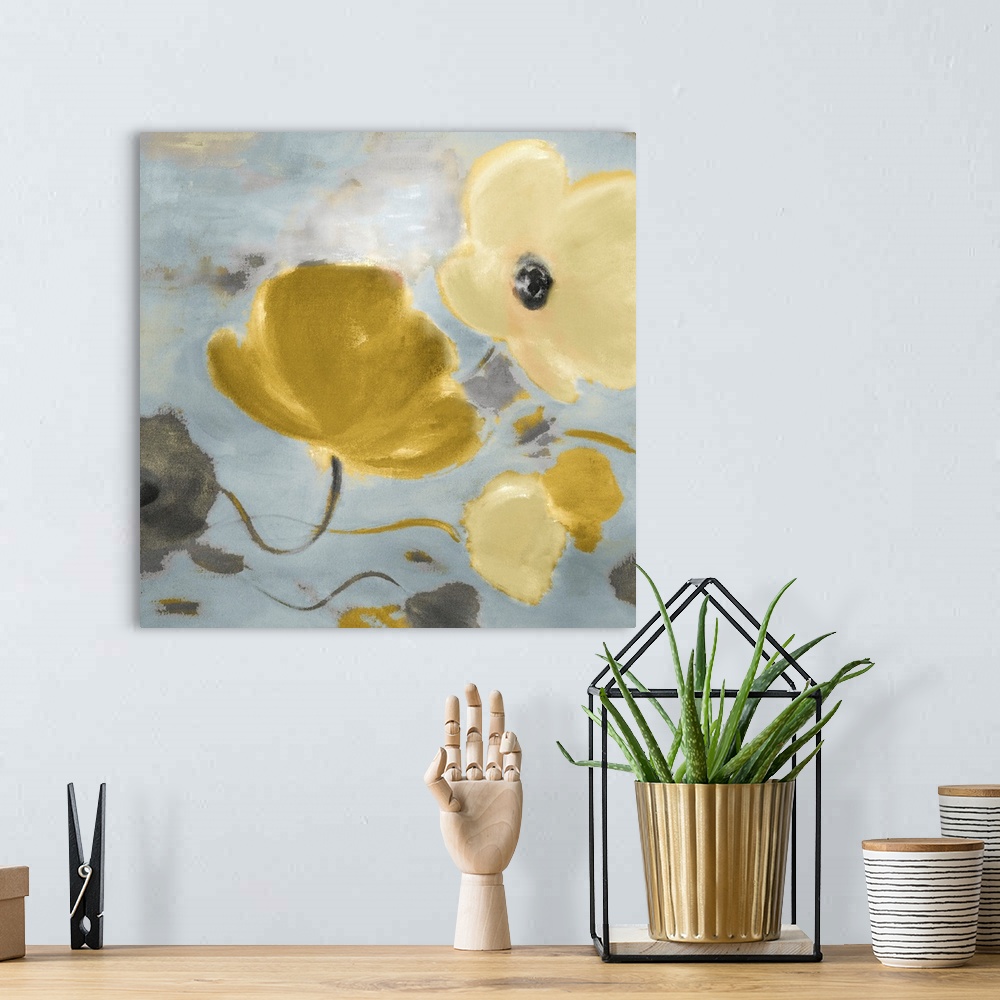 A bohemian room featuring Contemporary painting of pastel colored flowers floating in the wind.