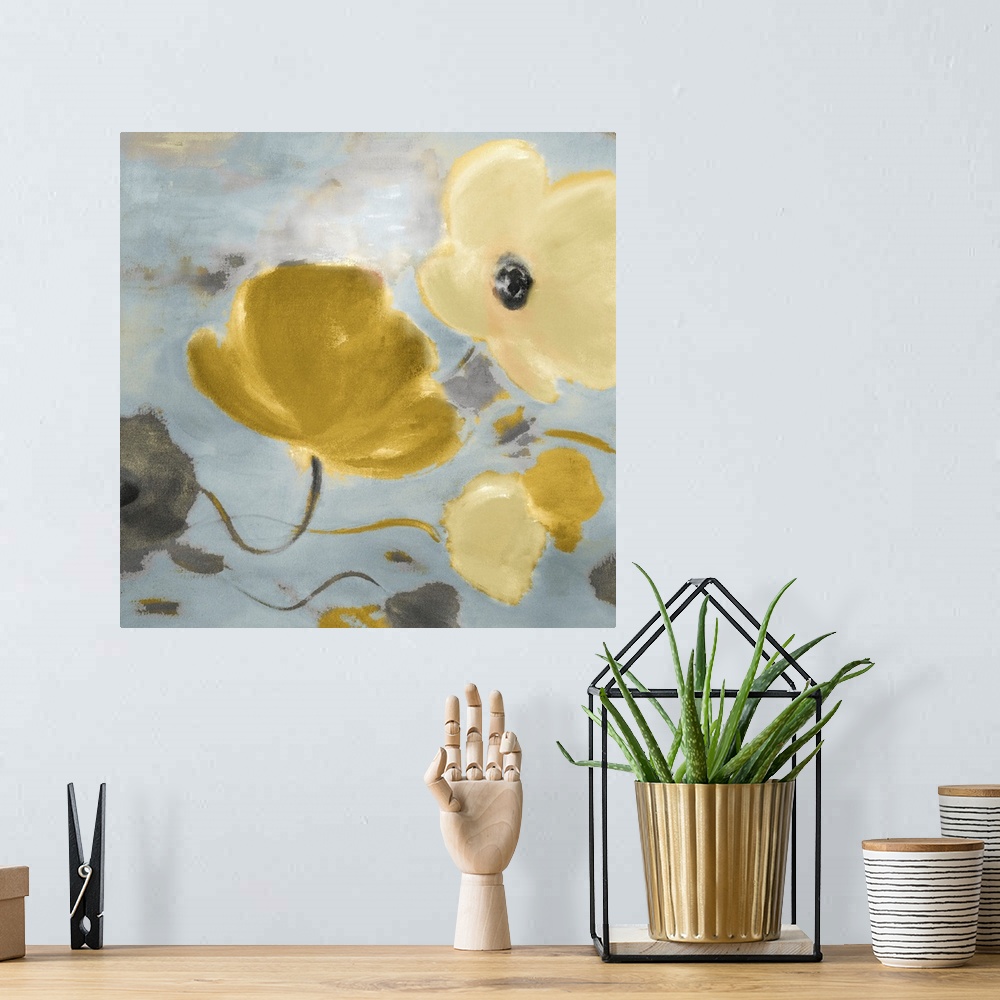 A bohemian room featuring Contemporary painting of pastel colored flowers floating in the wind.