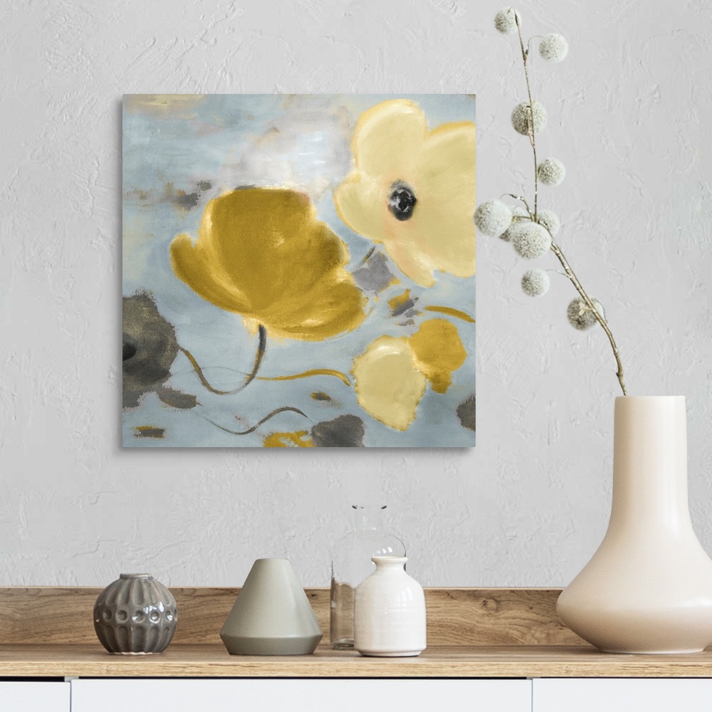A farmhouse room featuring Contemporary painting of pastel colored flowers floating in the wind.