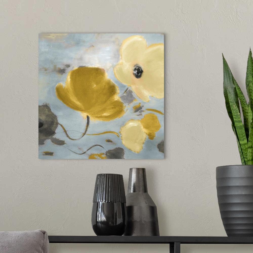 A modern room featuring Contemporary painting of pastel colored flowers floating in the wind.