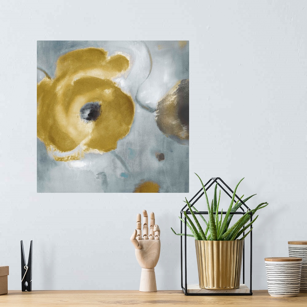 A bohemian room featuring Home docor art piece of a large neutral color poppy flower on a textured background.