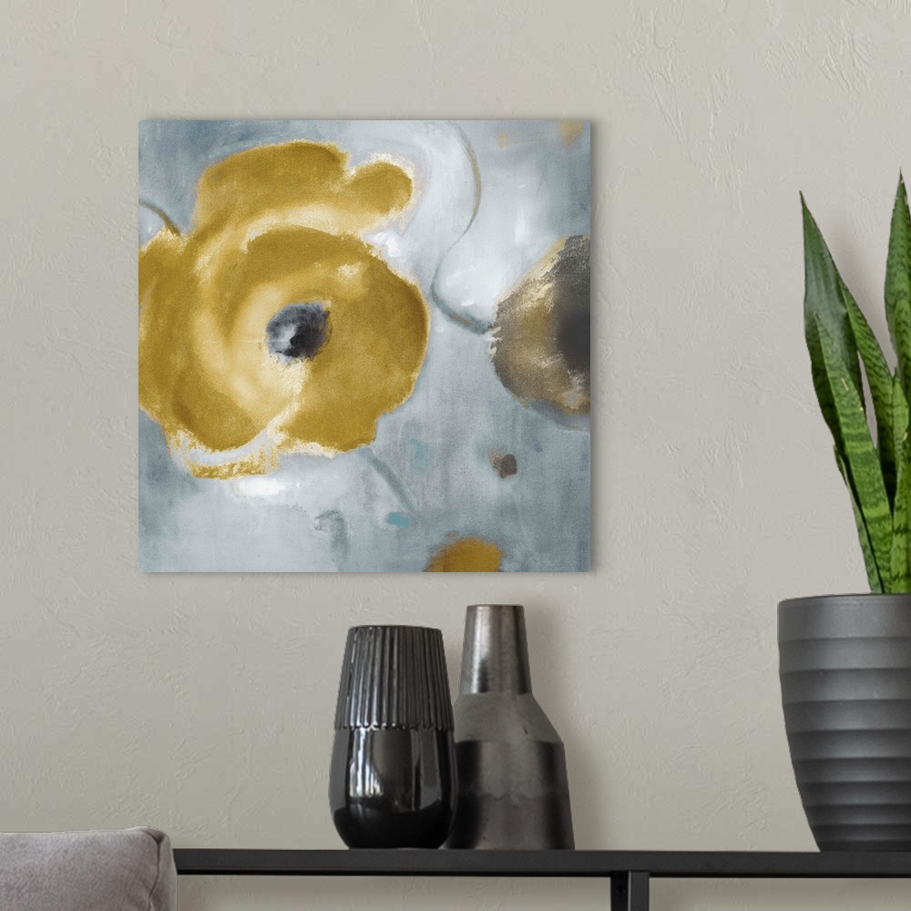 A modern room featuring Home docor art piece of a large neutral color poppy flower on a textured background.