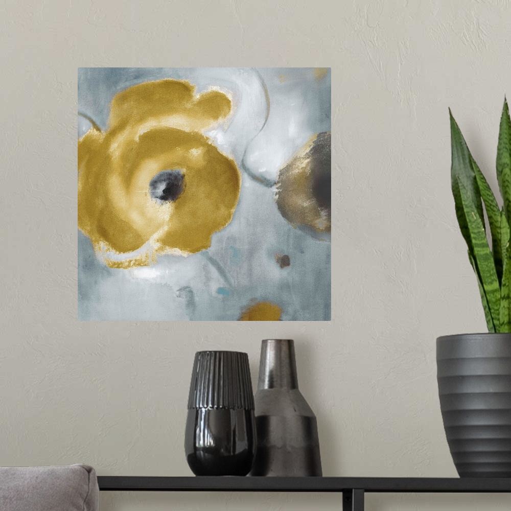 A modern room featuring Home docor art piece of a large neutral color poppy flower on a textured background.