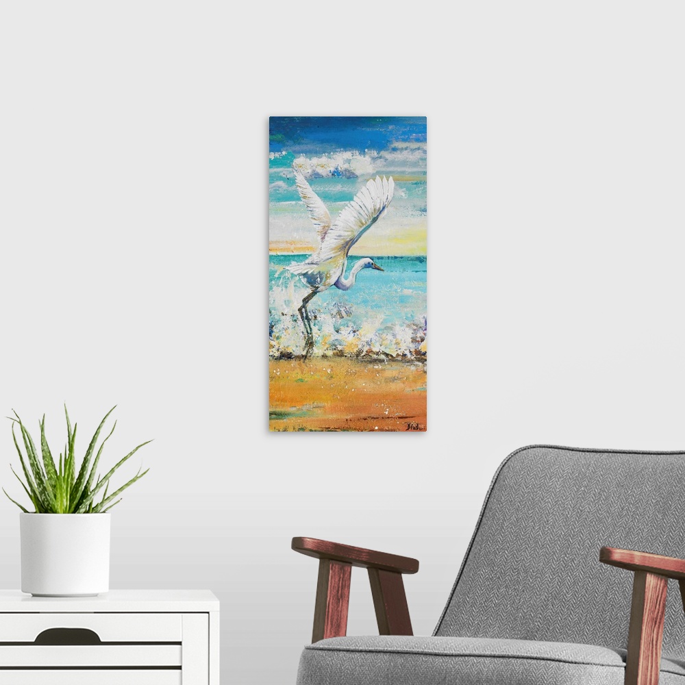 A modern room featuring Contemporary painting of a white egret taking to flight on a beach.
