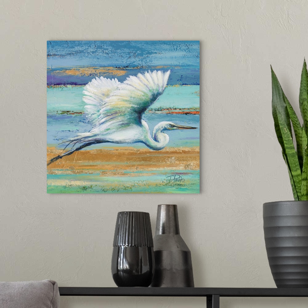 A modern room featuring Contemporary painting of a white egret in flight against a blue and green abstract background.