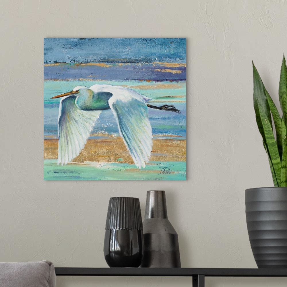 A modern room featuring Contemporary painting of a white egret in flight against a blue and green abstract background.