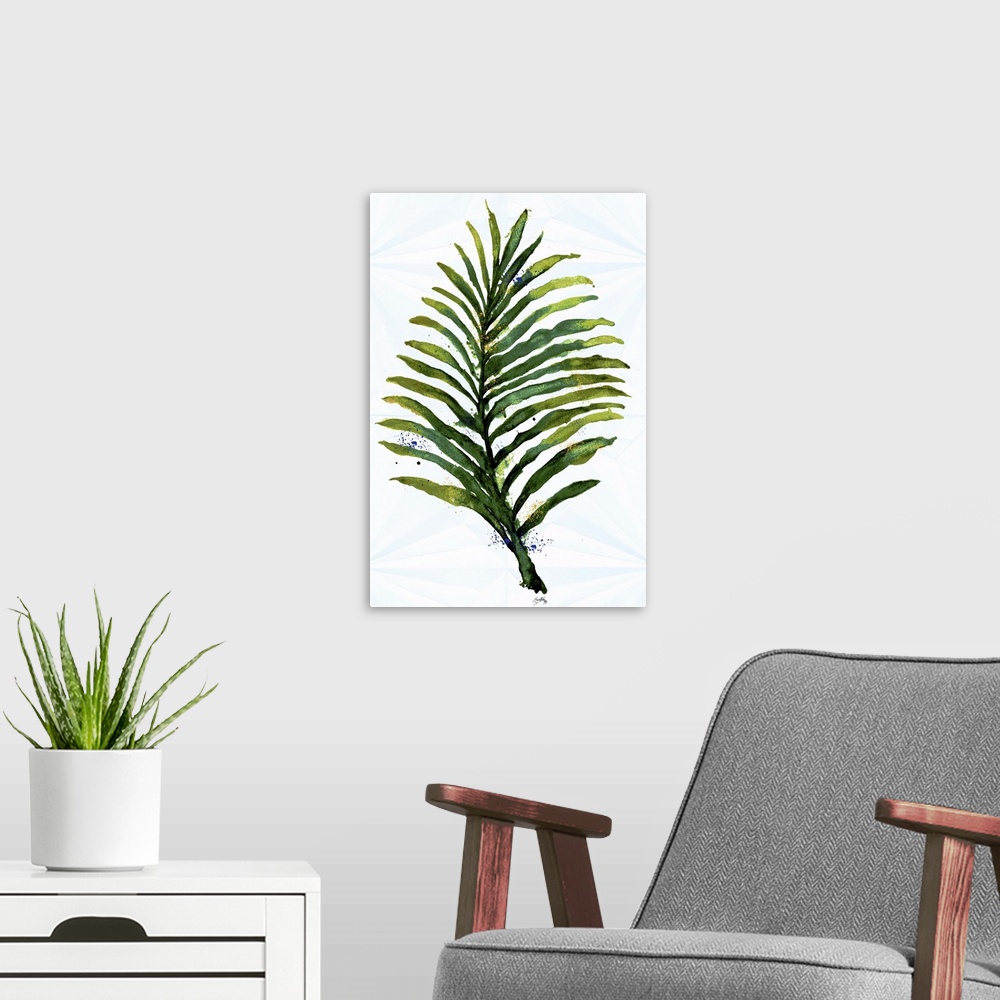 A modern room featuring Watercolor painting of a palm leaf in shades of green on a white background with very faint light...