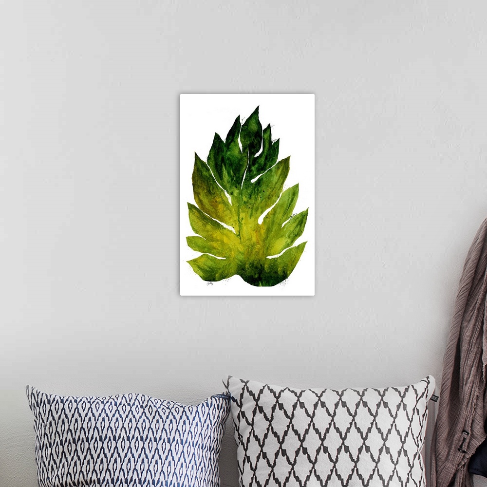 A bohemian room featuring Watercolor painting of a big leaf in shades of green on a solid white background.
