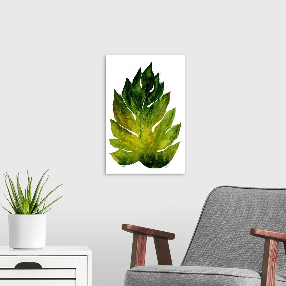 A modern room featuring Watercolor painting of a big leaf in shades of green on a solid white background.