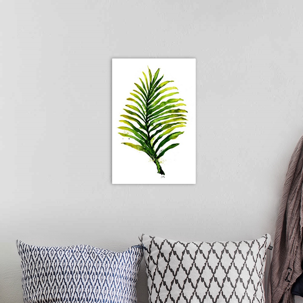 A bohemian room featuring Contemporary painting of a palm leaf in shades of green on a solid white background.