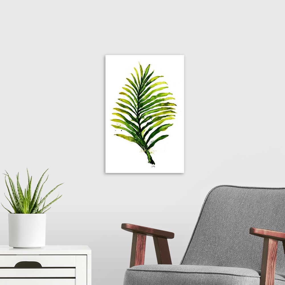 A modern room featuring Contemporary painting of a palm leaf in shades of green on a solid white background.