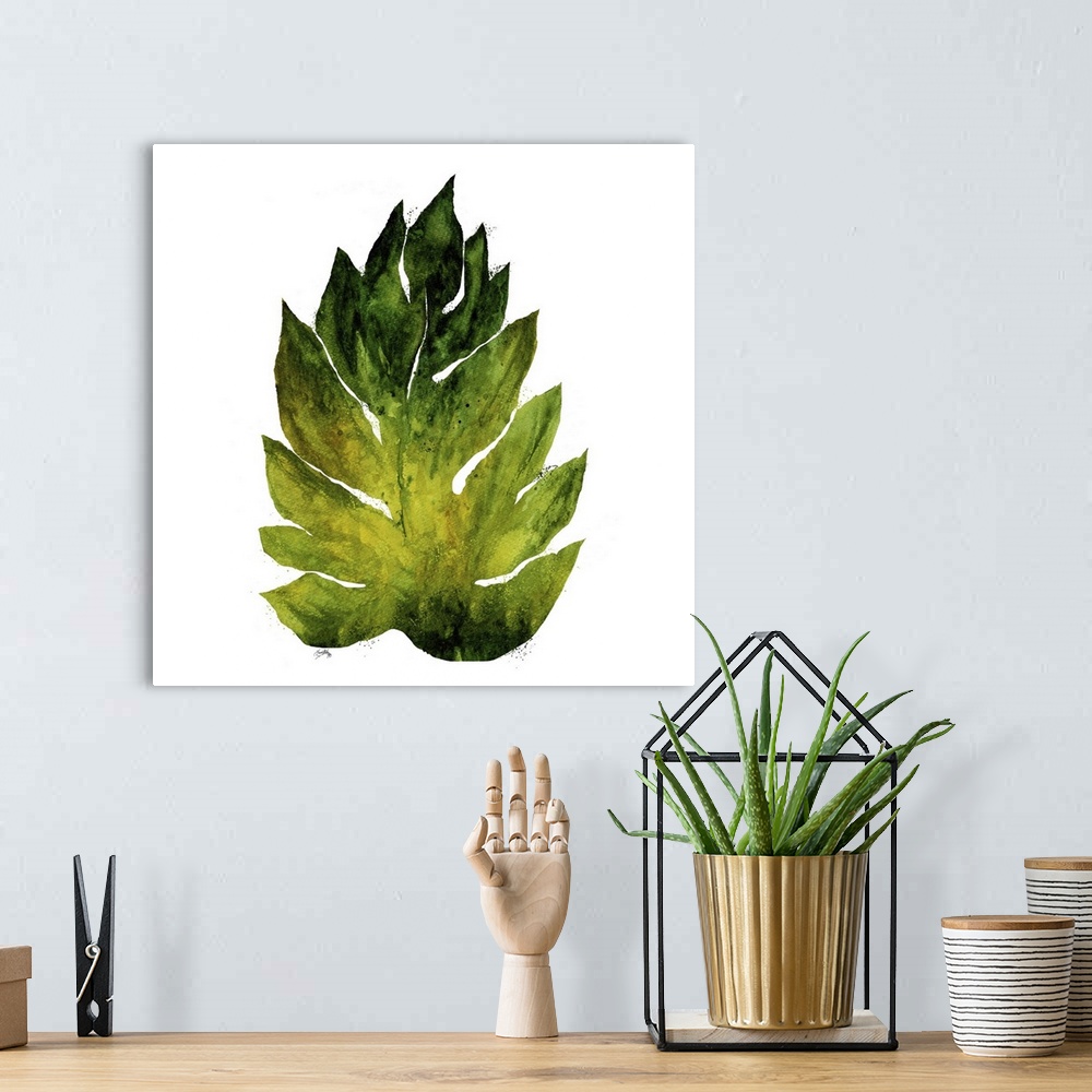 A bohemian room featuring Square watercolor painting of a big leaf in shades of green on a solid white background.